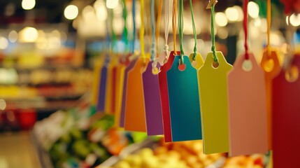 Fototapeta premium Colorful blank price tags hanging in a supermarket.