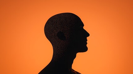 A silhouette of a human head against a vibrant orange background, featuring a dotted pattern that conveys a sense of depth and creativity.