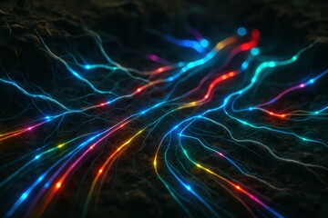 Obraz premium Glowing Mycelium Network Illuminating the Forest Floor at Night