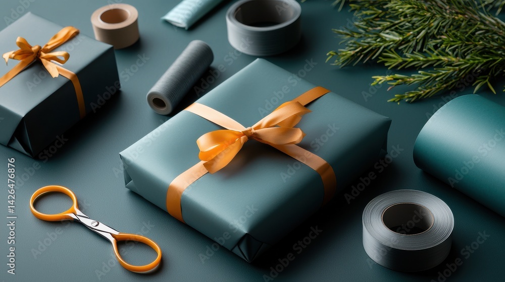 Poster a green box with a yellow ribbon sits on a table with scissors and tape