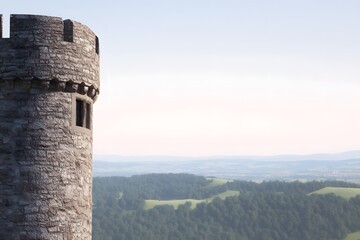 Castle Tower Overlooking a Tranquil Landscape at Dawn