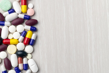 Assorted, different shape and color medication with copy space