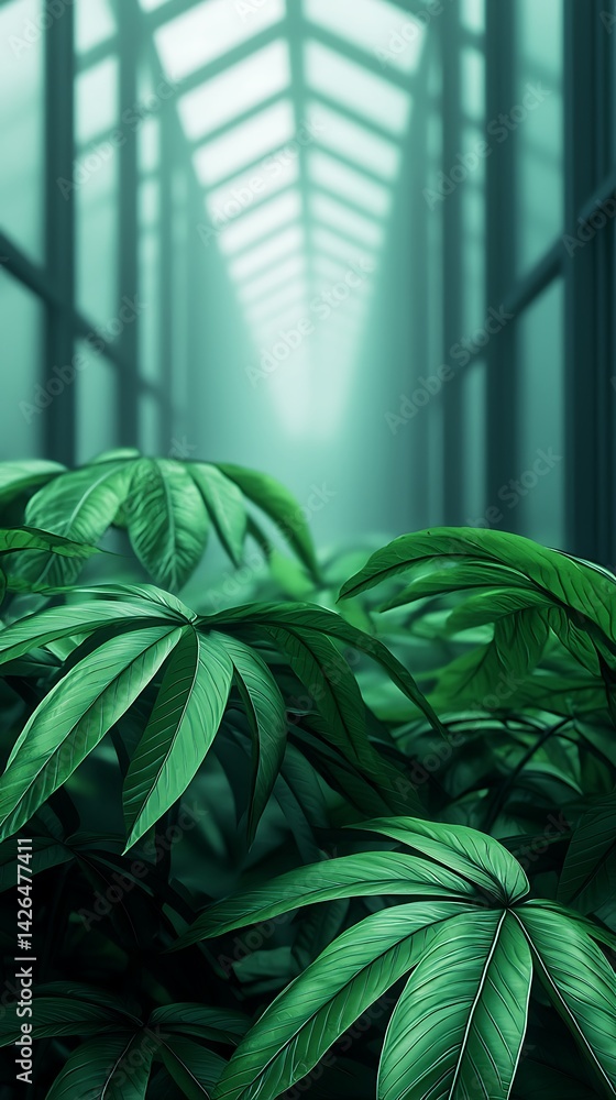 Poster a lush display of green leaves in a misty corridor, creating a serene and tranquil atmosphere with a