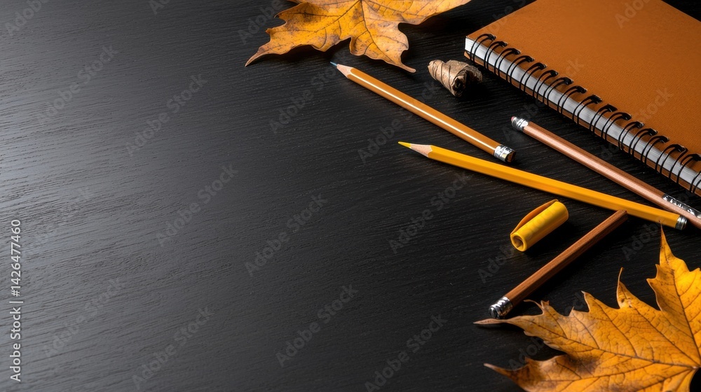 Poster a black background with a notebook and pencils on it