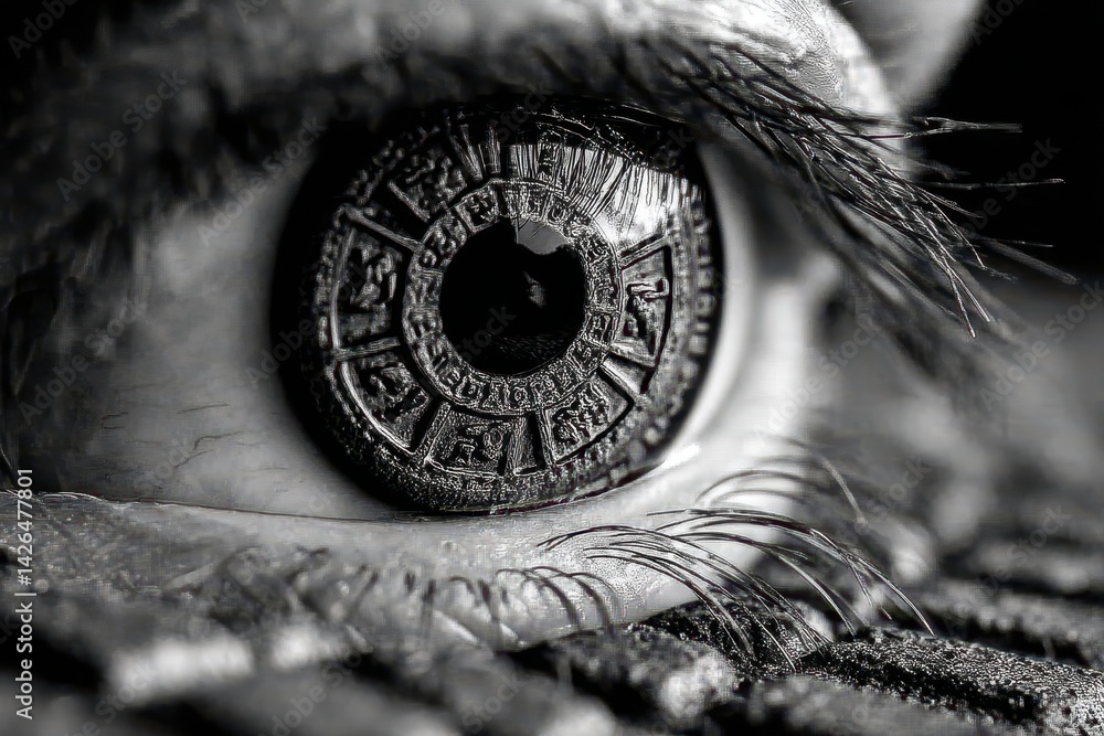 Poster captivating macro view of an eye with intricate detail and artistic double exposure effect