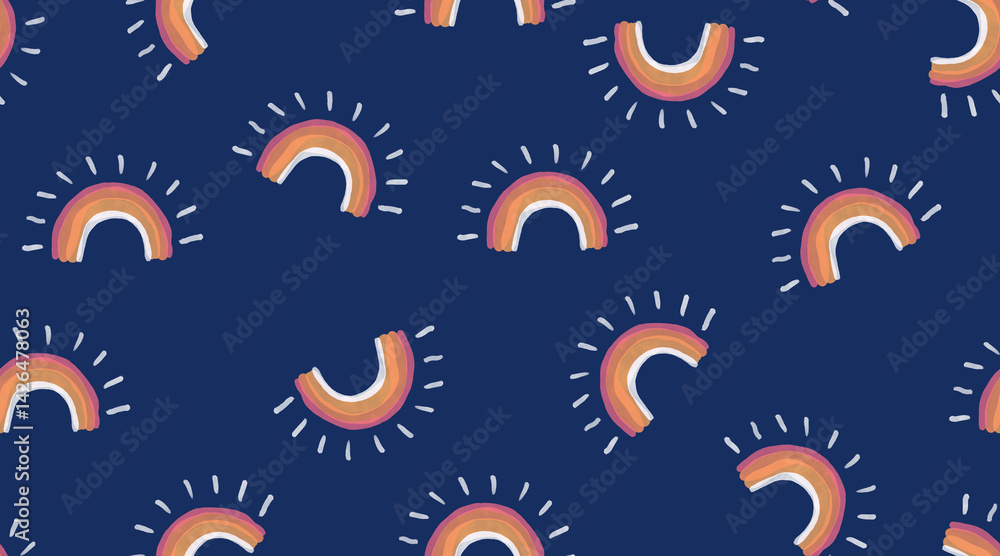 Wall mural cute seamless pattern with hand drawn rainbows. simple abstract print with doodle style colorful rai