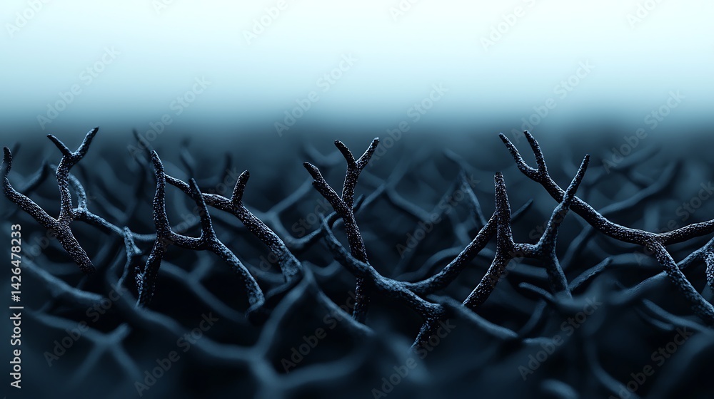 Poster a surreal landscape featuring dark, twisting branches emerging from a textured surface, creating an 