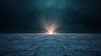 A serene landscape featuring a horizon where soft light emanates, contrasting with dark clouds above and textured ground below.