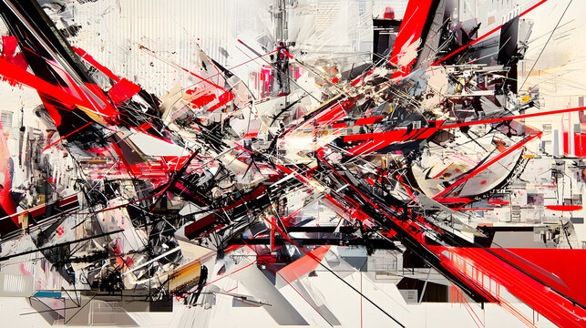 of geometric shapes in red, black, and white, layered over each other in an abstract, disordered pattern 