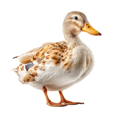 Obraz premium beautiful duck with speckled brown and white plumage stands gracefully. Its vibrant orange beak and webbed feet add to its charm, showcasing elegance of this waterfowl
