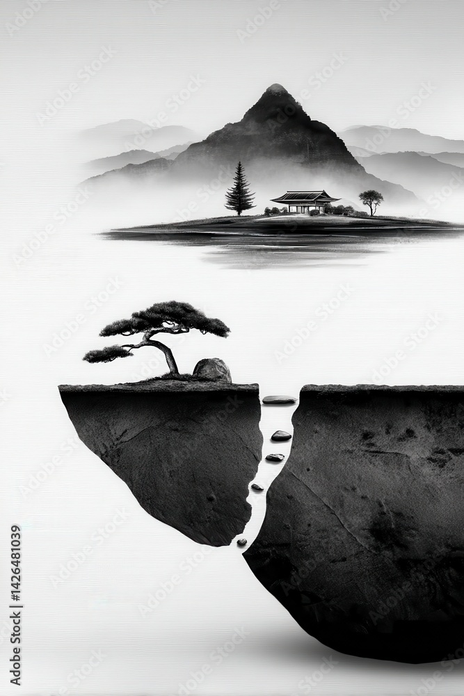 Poster abstract double exposure art featuring serene mountain landscape and tree element in a minimalist de