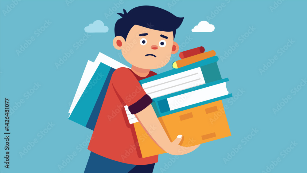Poster a frustrated student struggling to carry a tower of textbooks and a large binder of tuition receipts
