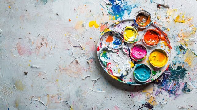 Vivid colors from an open can and palettes reveal an artist's playful journey through creativity, showcasing a lively workspace where imagination flourishes in bold strokes