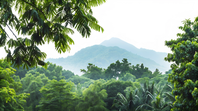 view of tropical forest with mountains isolated on white background PNG. GENERATIVE AI