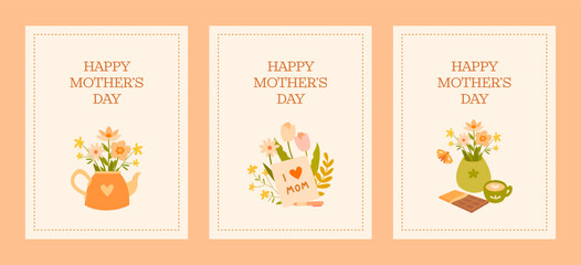 Delicate Mother's Day cards with floral arrangements in warm pastel colors. Three separate designs with the inscription 