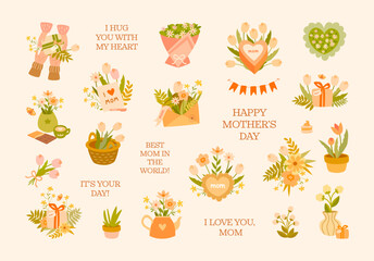 A set of spring floral elements and compositions in warm pastel colors for Mother's Day or spring holidays. Bouquet of flowers, gifts, signatures. Perfect for cards, flyers, invitations