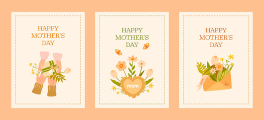 Delicate Mother's Day cards with floral arrangements in warm pastel colors. Three separate designs with the inscription "Happy Mother's Day".  Ideal for print and digital use.