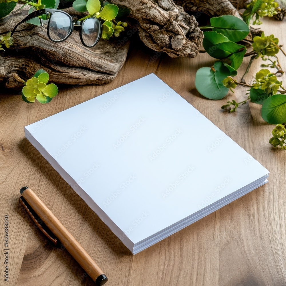 Poster a white notebook sits on a wooden table with a pen next to it