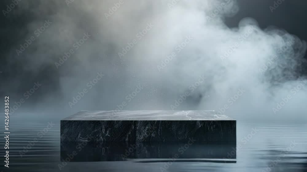 Poster dramatic mist overwater with solid stone platform in ethereal light and reflection in tranquil envir