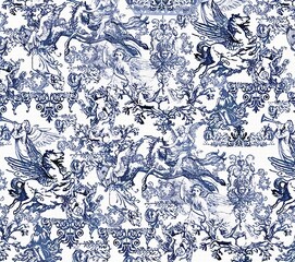 Toile Engraving Tropical Islands Seamless Pattern, Oriental Palm Trees Wallpaper, Wildlife Tigers in Exotic Plants Ocean Beach Blue on White Background, Linear Jungle Oceania India Landscape Print