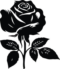 Silhouette Rose with Leaves Flower