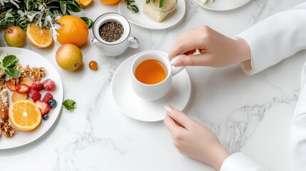 A woman is holding a cup of tea in front of a plate of fruit