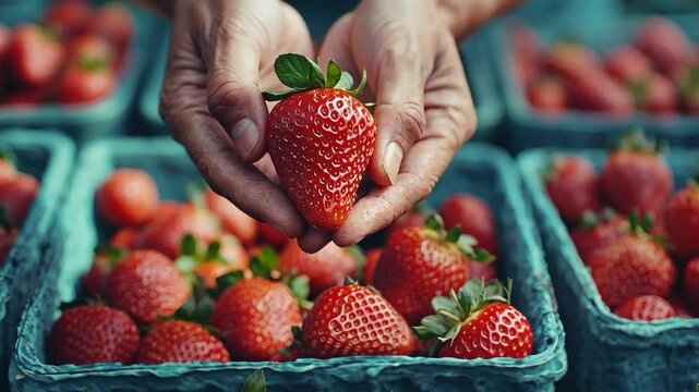 Freshly Harvested Strawberries: Close-up shot of a pair of hands delicately holding a vibrant, ripe strawberry, surrounded by a bounty of freshly picked berries.