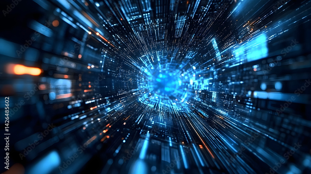 Poster futuristic data visualization concept with dynamic blue light patterns : generative ai