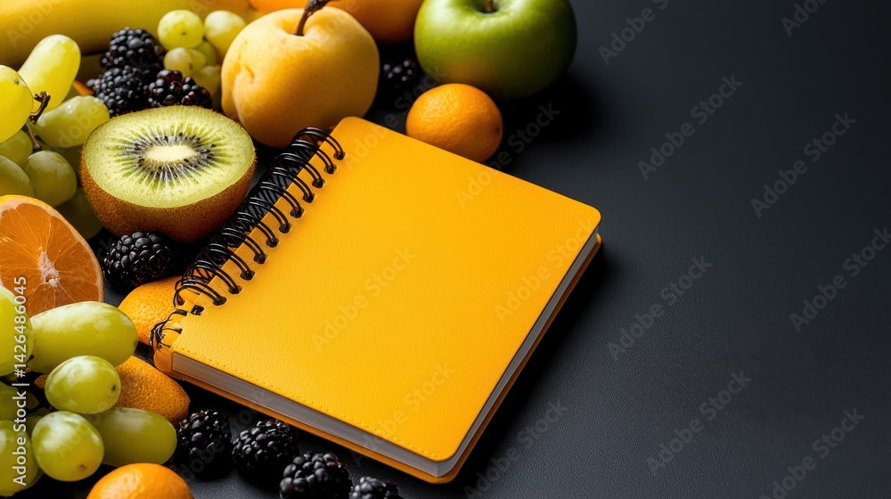Poster a yellow spiral notebook sits on a table with a variety of fruits