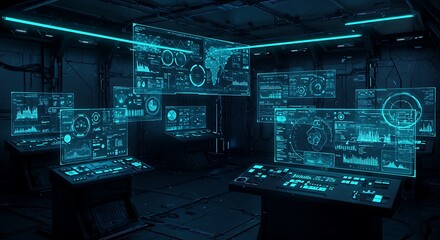 Viewing Futuristic Control Room with Glowing Data Displays and Dark Interiors
