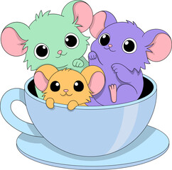 Cute Cartoon Mice Inside Teacup Illustration
