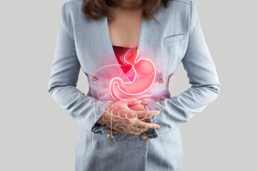 Hiatal Hernia causes upper stomach bulge, shown in medical illustration.