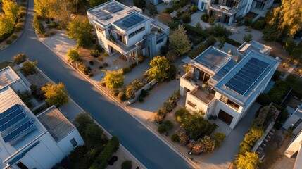 Modern suburban homes with solar panels on rooftops.
