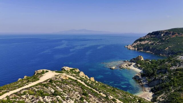 Breathtaking Aerial View of Foca Coastline Embracing Turquoise Aegean Sea in Izmir, Turkiye