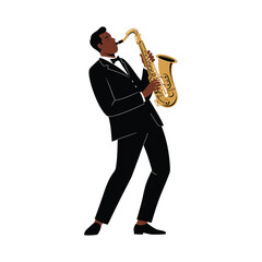 Naklejka premium Young musician playing a golden saxophone in a jazz performance