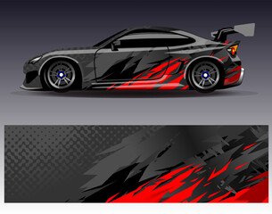 Naklejka premium Car wrap design vector. Graphic abstract stripe racing background designs for vehicle, rally, race, adventure and car racing livery