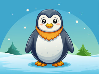 Obraz premium A cozy vector of a chubby cartoon penguin standing in snow, on a solid light blue background