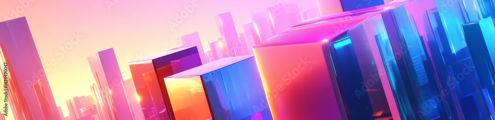 Poster a vibrant tech wallpaper featuring a multicolored 3d block background with pink and blue hues, creat