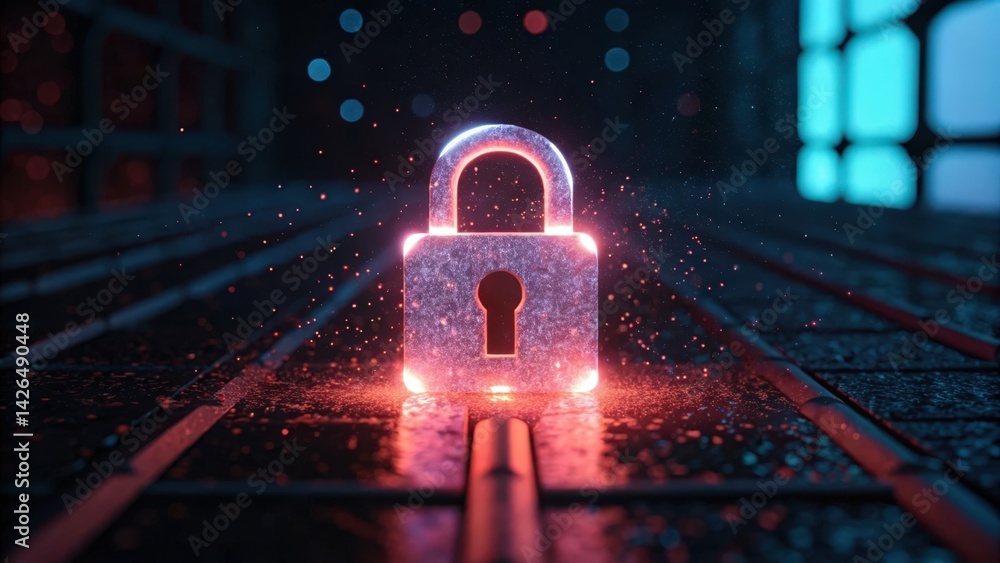 Poster a glowing lock icon disintegrating into pixelated dust, symbolizing digital security and fragility.
