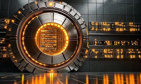 Futuristic, high-tech vault with glowing circuitry.