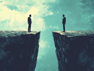 Two businessmen stand on opposite cliffs, a chasm between them
