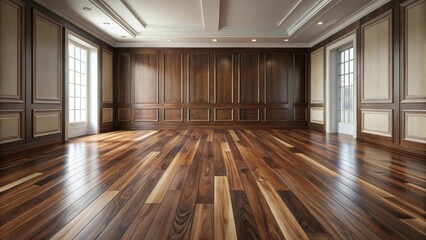 Elegant Empty Room with Dark Wood Paneling and Gleaming Hardwood Floors