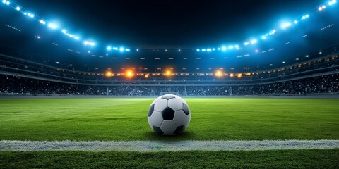 Football ball on a sports field in a stadium at night with floodlights