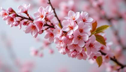 Soft pink hues complement delicate cherry blossoms, creating a serene and enchanting backdrop reminiscent of the beauty of spring