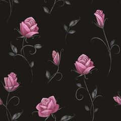 Seamless pattern with roses. Black background. Stock illustration.