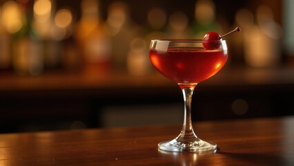Classic red cocktail with cherry garnish, served in a coupe glass on a dimly lit bar counter, perfect for an elegant night out or vintage-inspired cocktail experience.