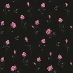 Seamless pattern with roses. Black background. Stock illustration. Small pattern.