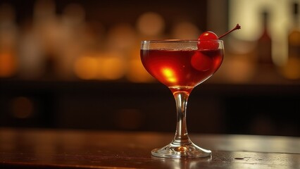 Classic red cocktail with cherry garnish, served in a coupe glass on a dimly lit bar counter, perfect for an elegant night out or vintage-inspired cocktail experience.