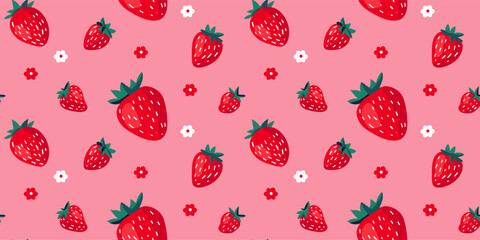 Strawberry background, seamless pattern, red berries with green leaves, Summer drinks, sweets and desserts with strawberry flavor.

