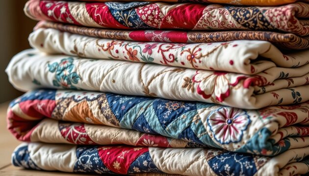 A stack of folded quilts showcasing various intricate patterns and textures, created with expert craftsmanship and attention to detail.